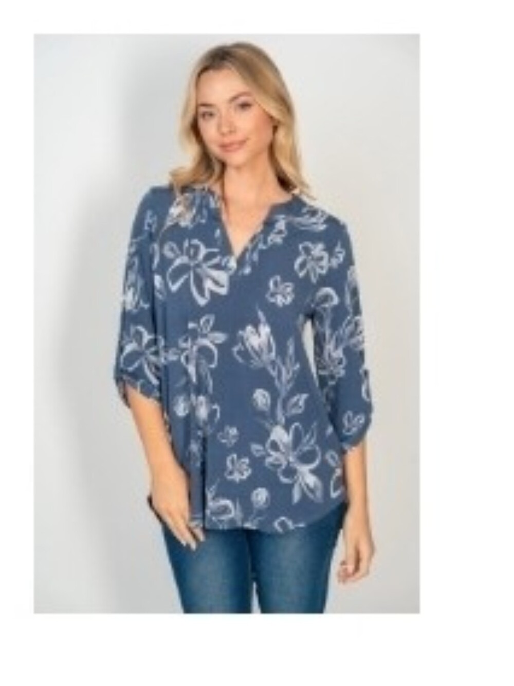 white birch Navy Floral V-Neck Tunic 3/4 Sleeves